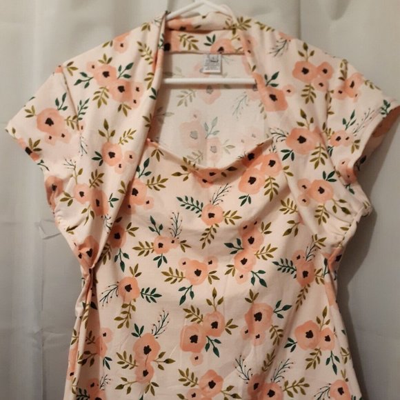 New Attached Shrug T-shirt Top L Peach Floral Green Leaves Short Cap Slv Blouse - Picture 2 of 8